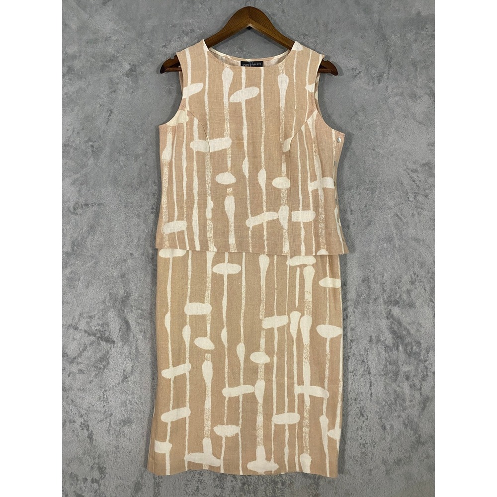 John Roberts 2pc Skirt Set Sz 10 Tan Linen Abstract Sleeveless Coastal Lagenlook